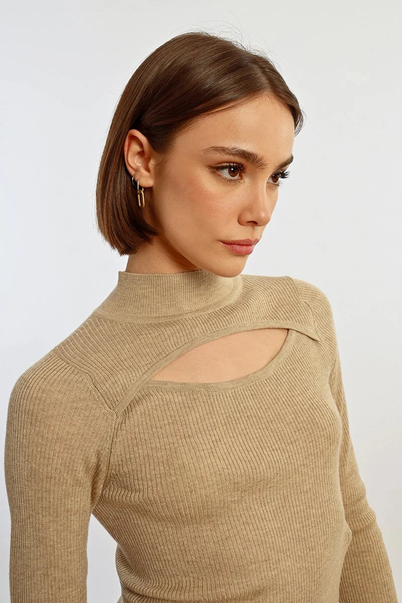 molly bracken open front high neck sweater in light beige-front detail