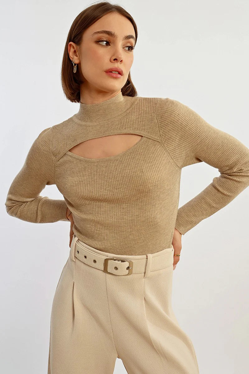 molly bracken open front high neck sweater in light beige-front