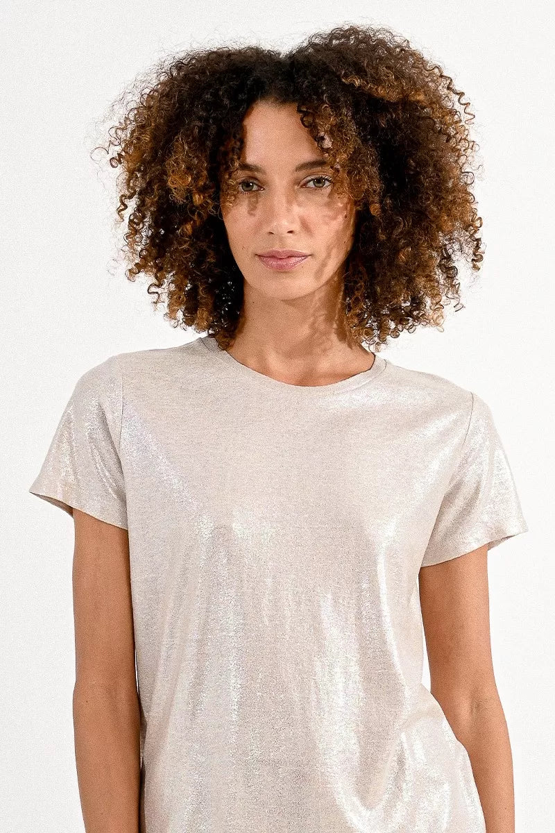 Molly Bracken Pearly Crewneck Top in beige-front view 2