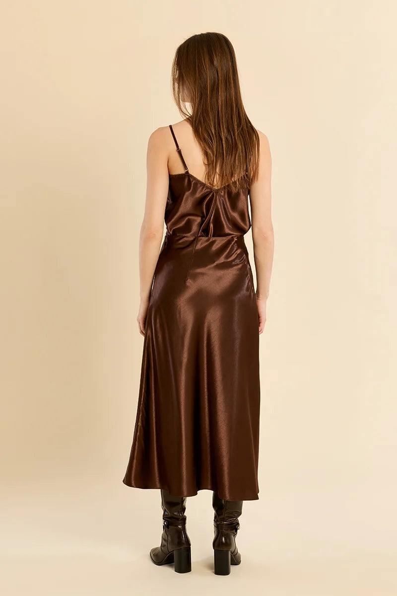Molly Bracken Satin High-Waisted Skirt chocolate
