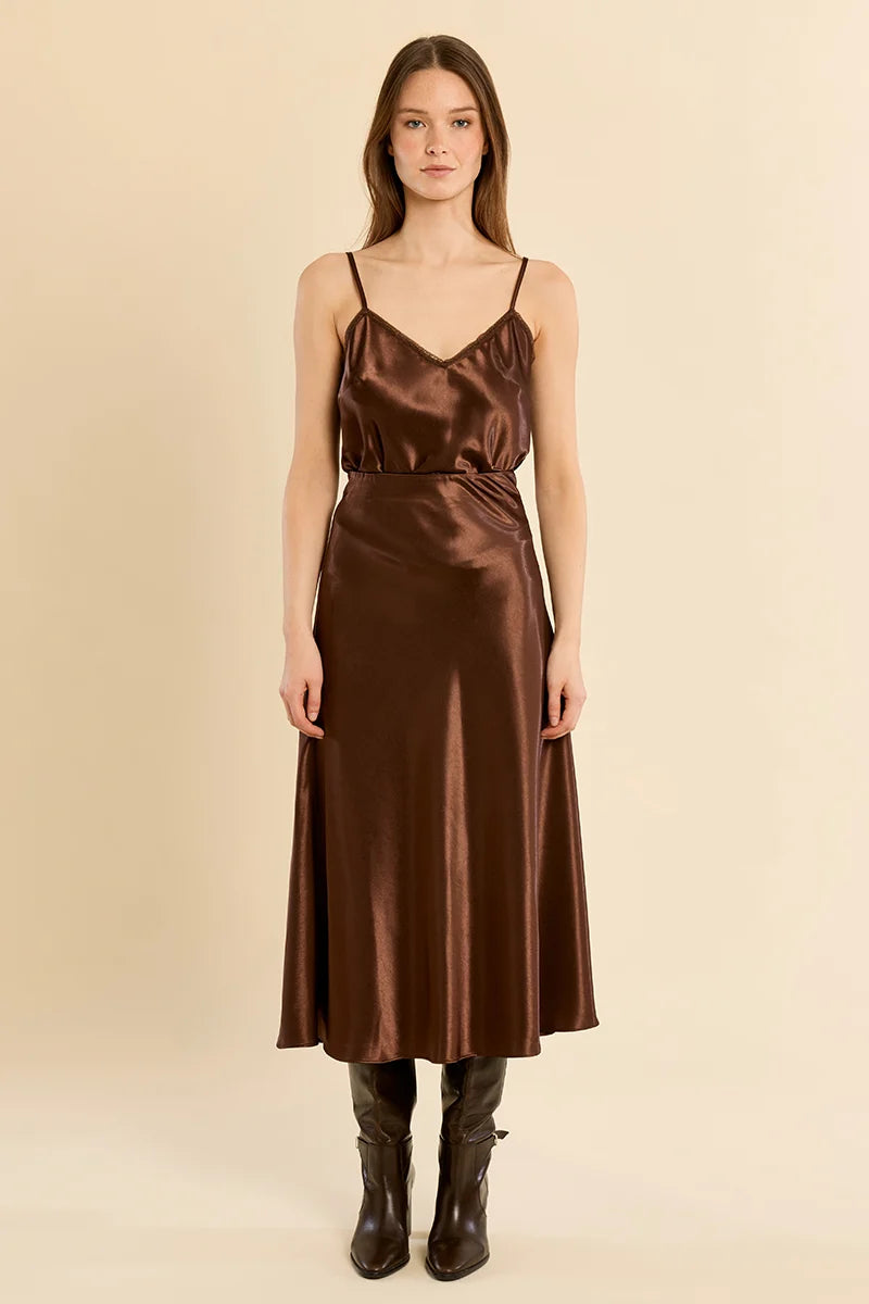 Molly Bracken Satin High-Waisted Skirt chocolate