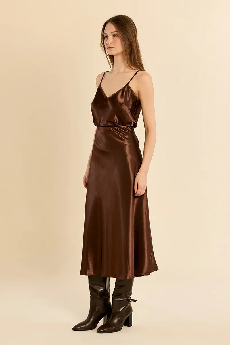 Molly Bracken Satin High-Waisted Skirt chocolate
