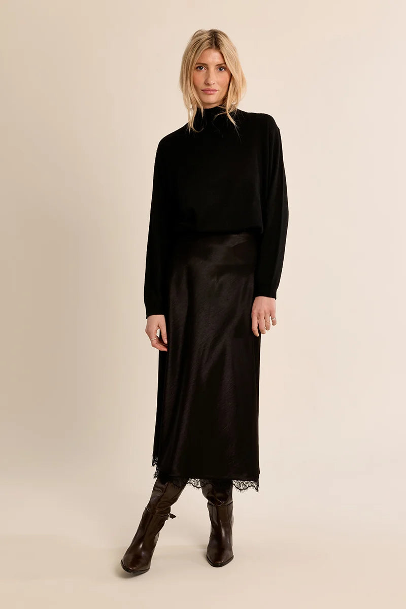 Molly Bracken Satin Lace Hem Skirt black 