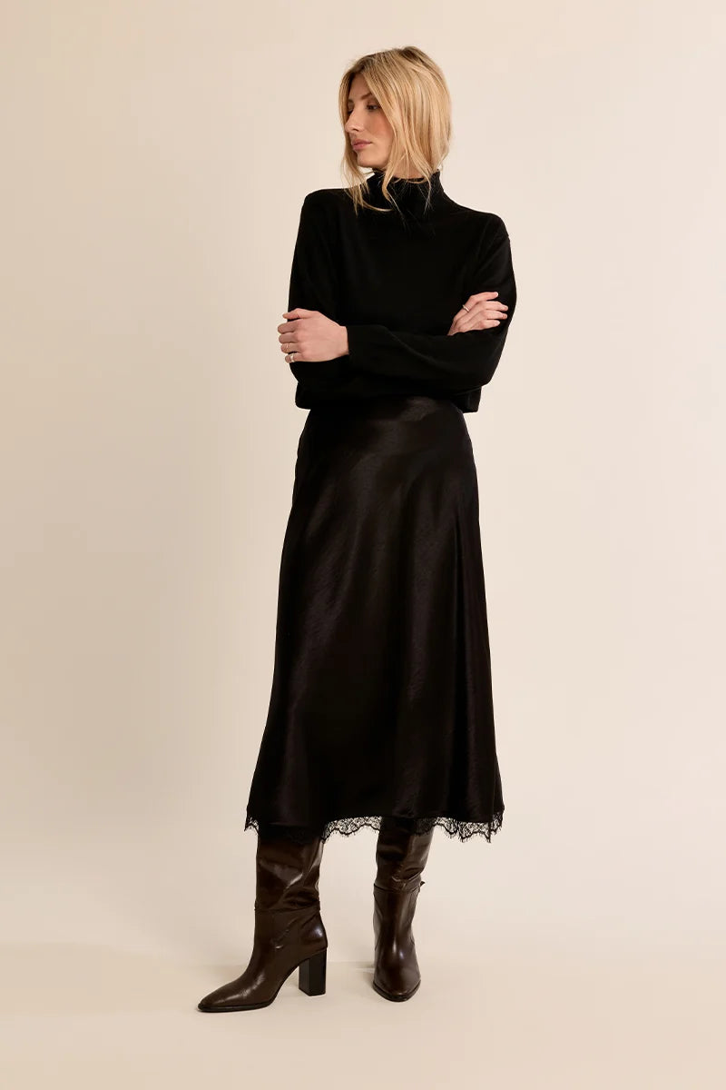 Molly Bracken Satin Lace Hem Skirt black 