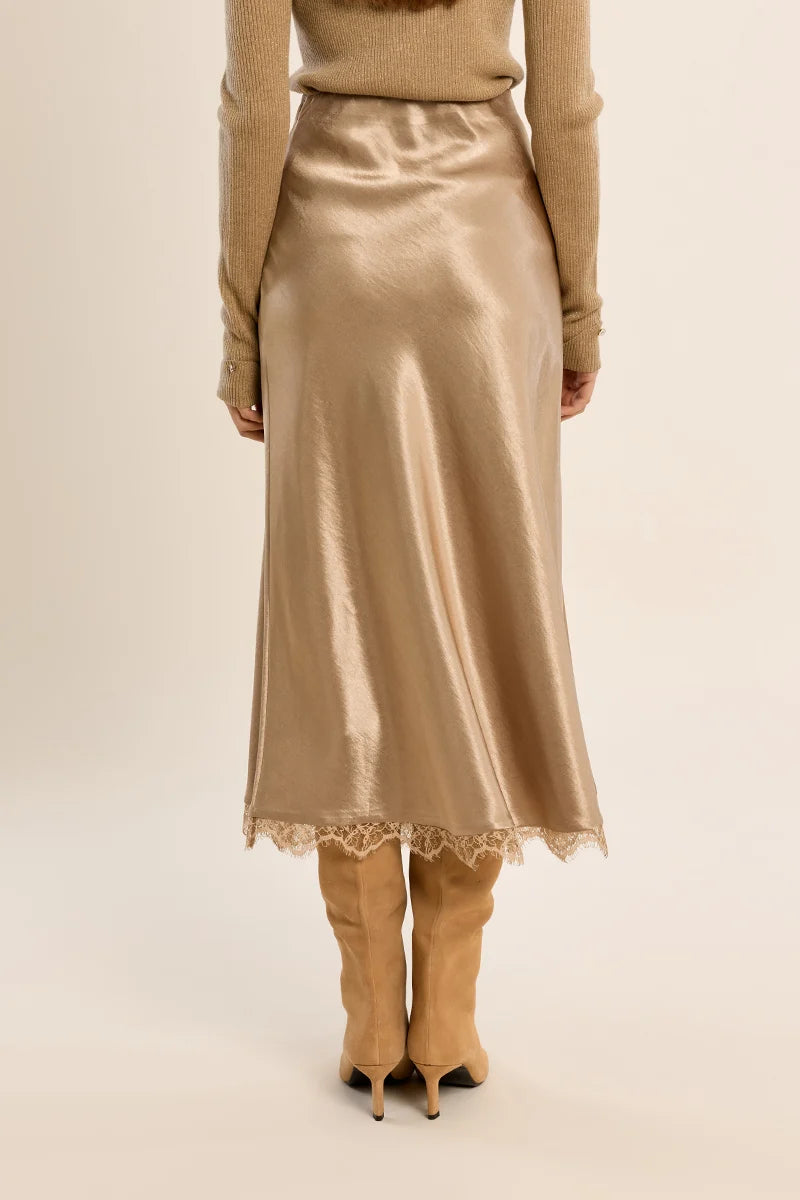 Molly Bracken Satin Lace Hem Skirt gold 
