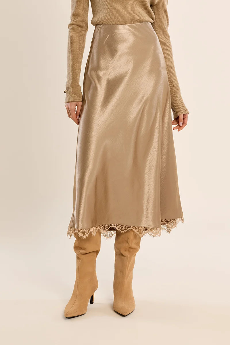 Molly Bracken Satin Lace Hem Skirt gold 