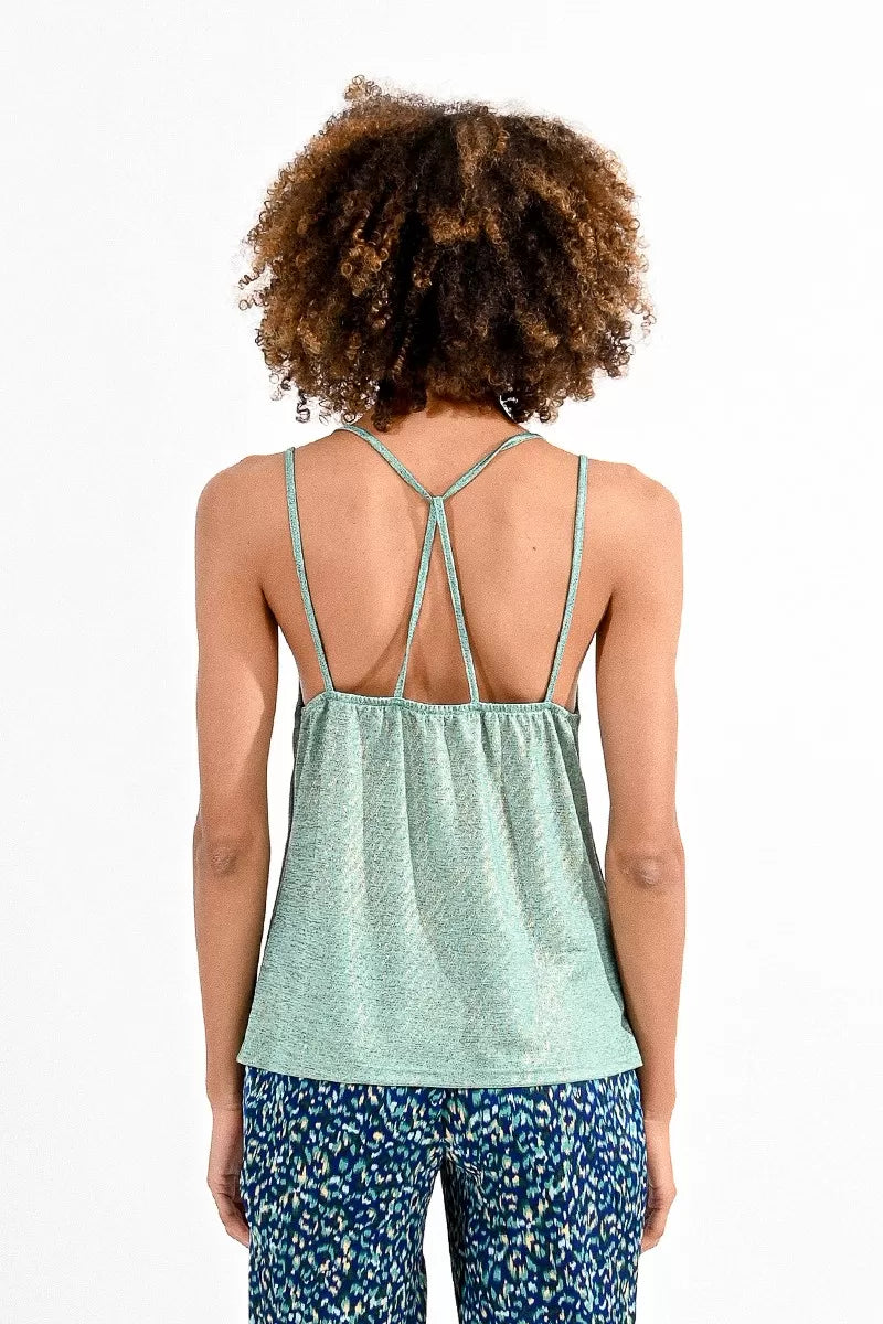 molly bracken shimmer strappy camisole in emerald green-back view