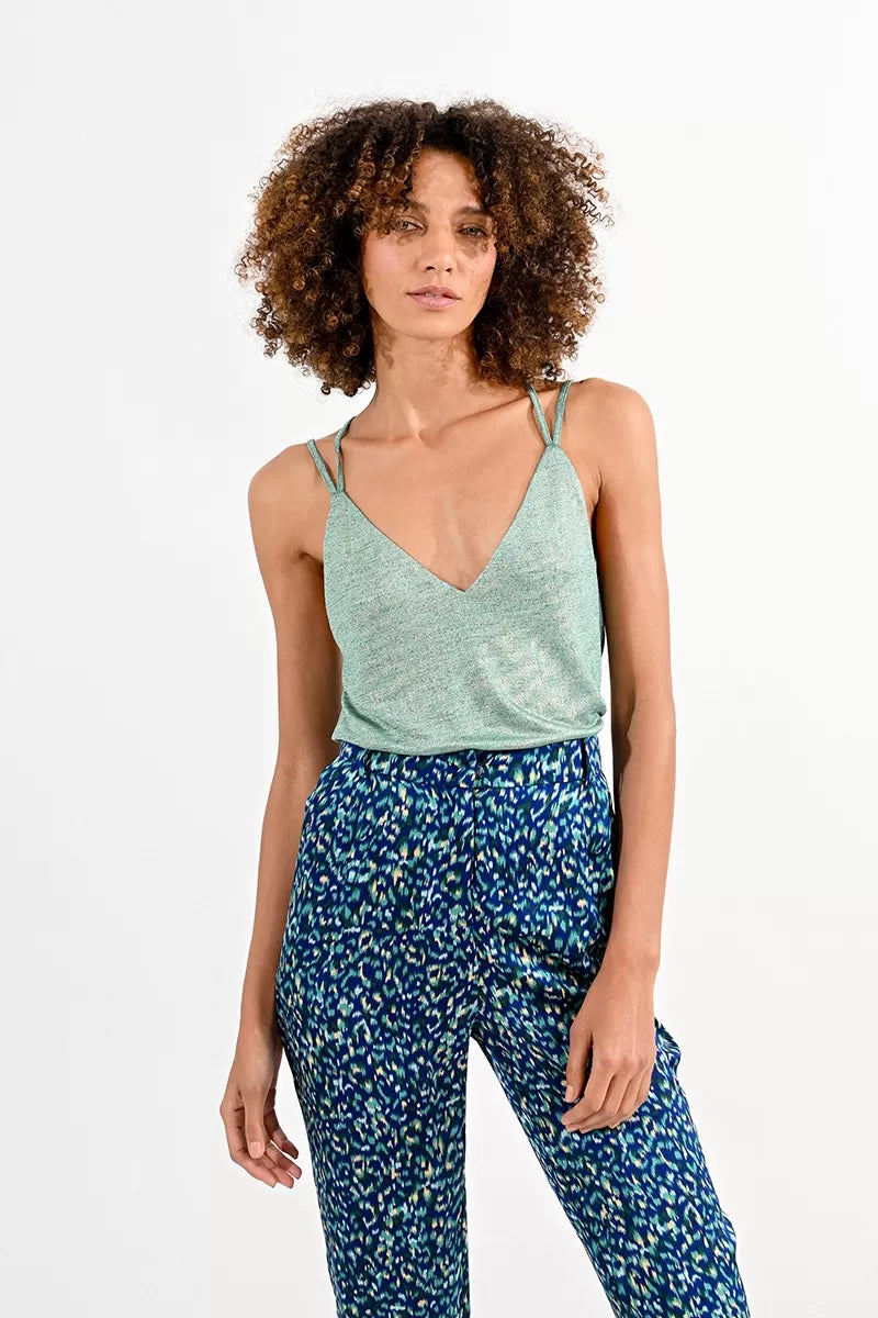 molly bracken shimmer strappy camisole in emerald green-front view