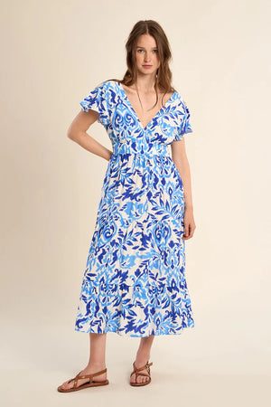 Molly Bracken Printed Ruffle Sleeve Midi Dress blue alizee
