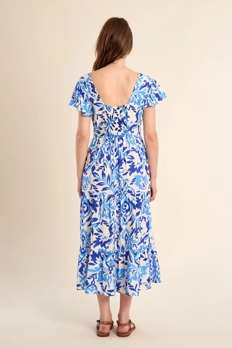 Molly Bracken Printed Ruffle Sleeve Midi Dress blue alizee