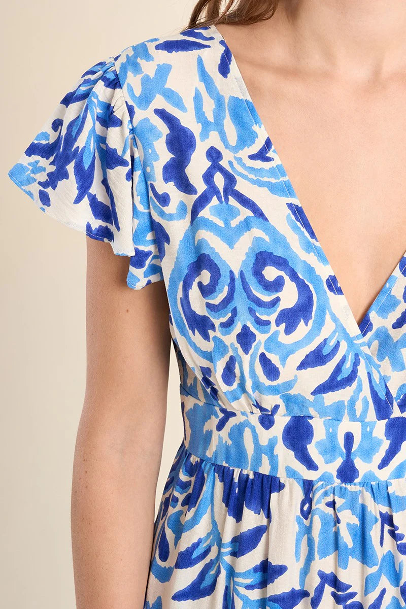 Molly Bracken Printed Ruffle Sleeve Midi Dress blue alizee