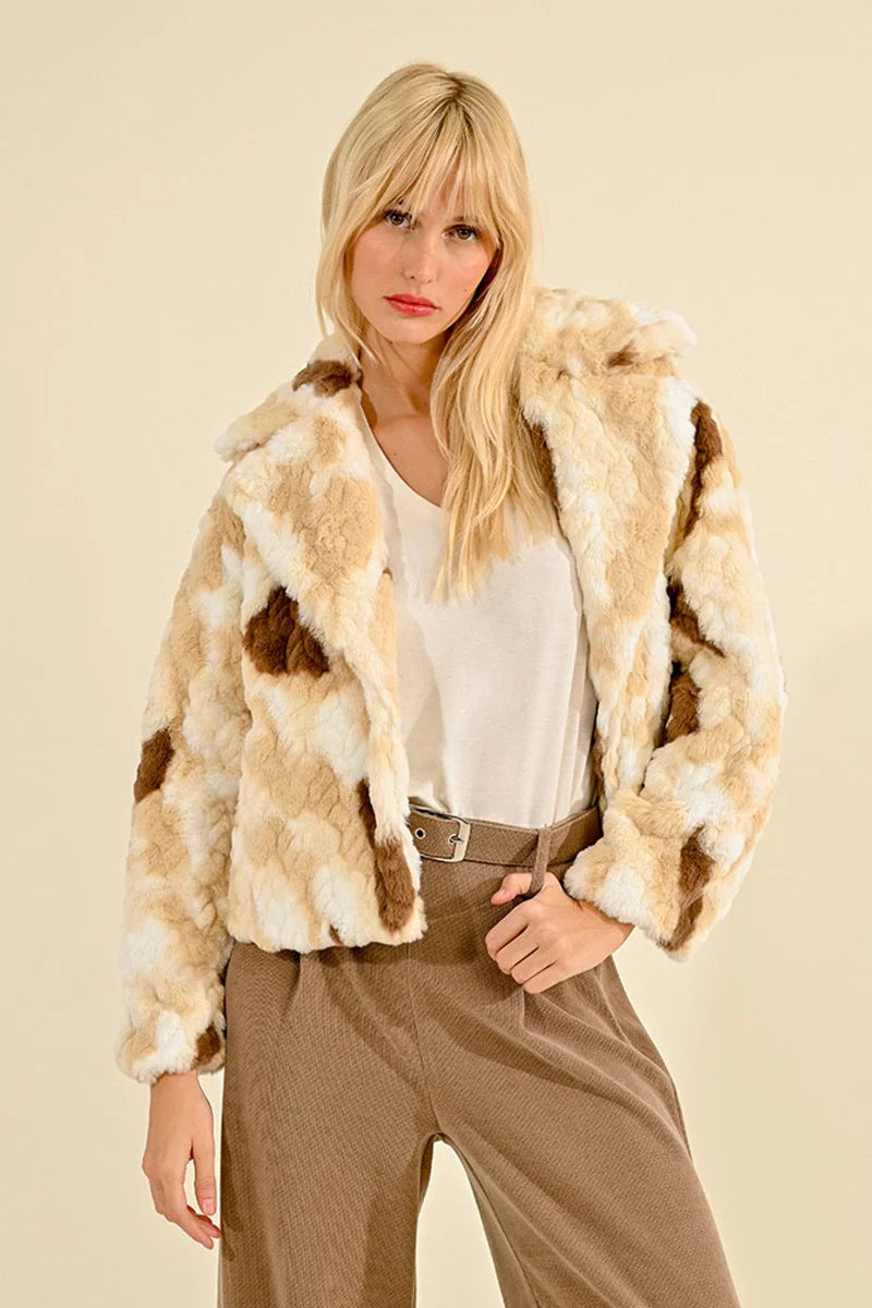 Molly Bracken Short Textured Faux Fur Jacket in off white-front