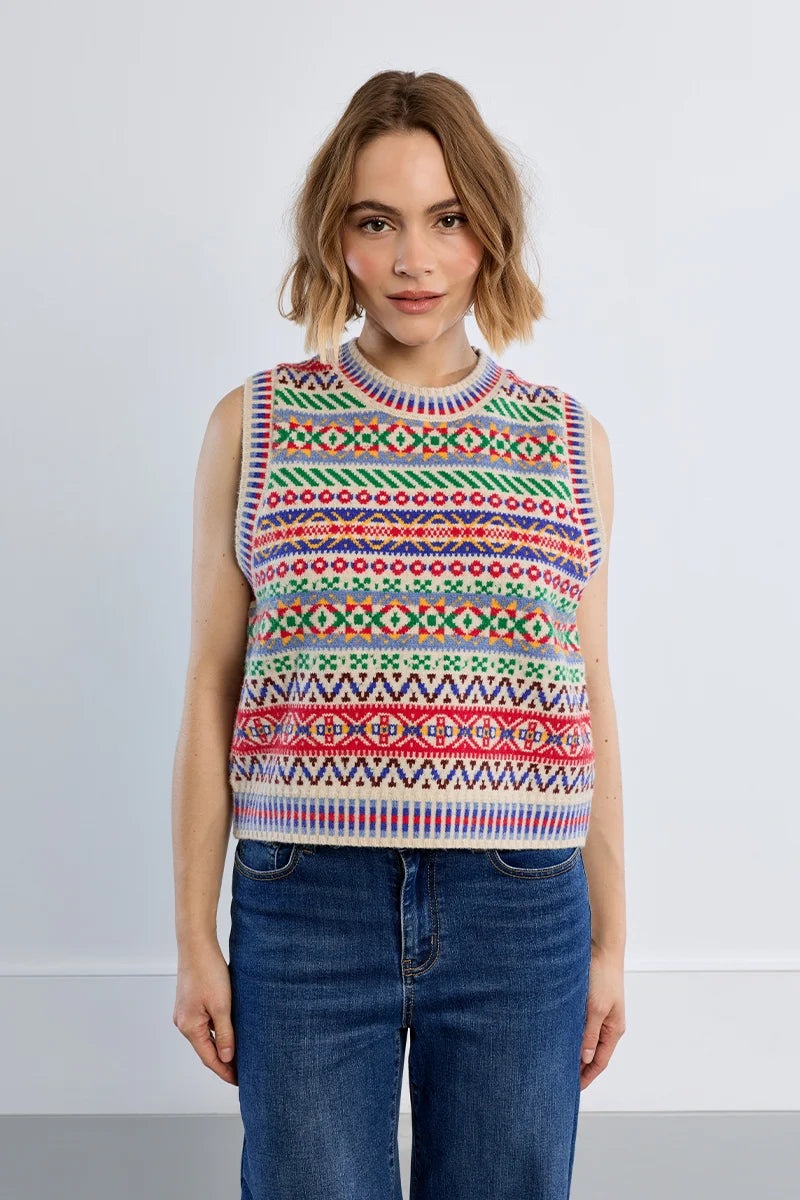 Molly Bracken Tybetan Pattern Sleeveless Sweater multi color 