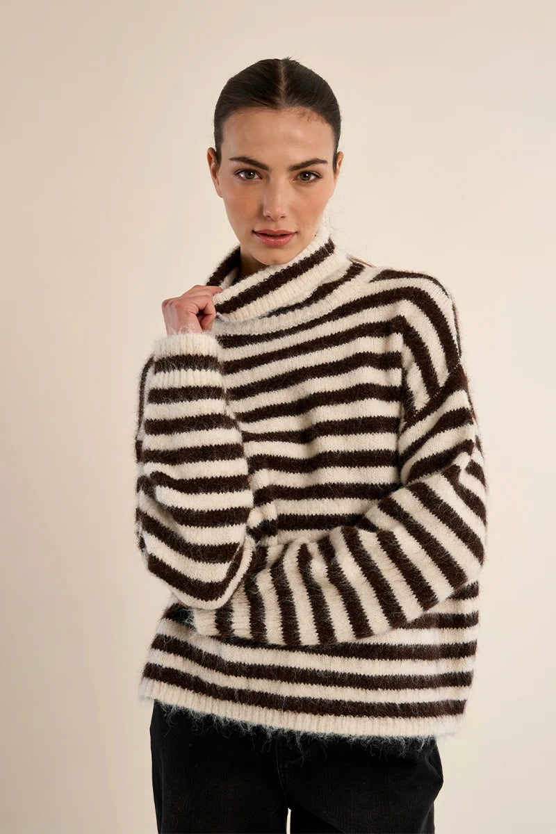 Molly Bracken Stripe Turtleneck Fluffy Sweater off white chocolate 