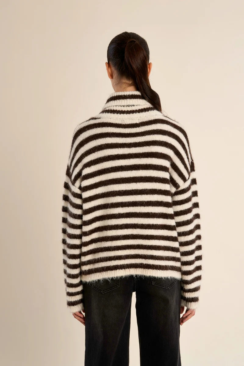 Molly Bracken Stripe Turtleneck Fluffy Sweater off white chocolate 
