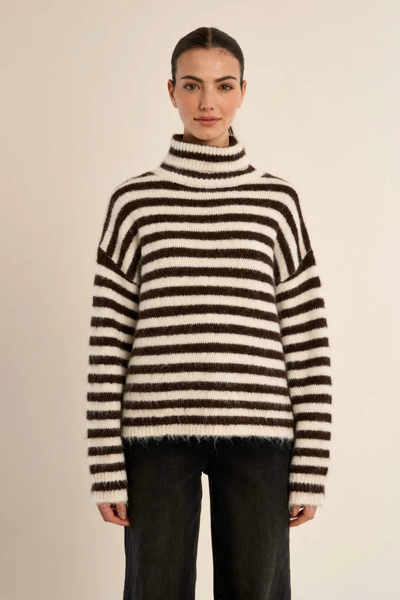 Molly Bracken Stripe Turtleneck Fluffy Sweater off white chocolate 
