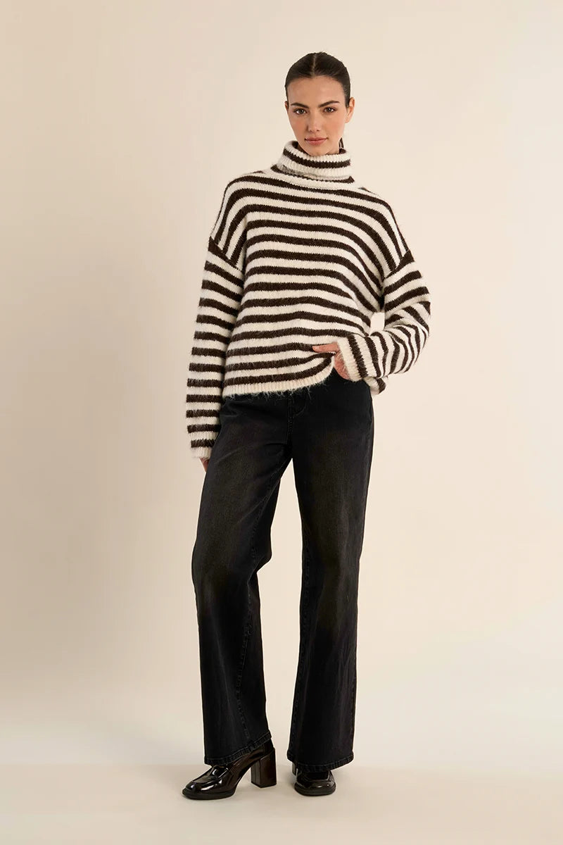 Molly Bracken Stripe Turtleneck Fluffy Sweater off white chocolate 
