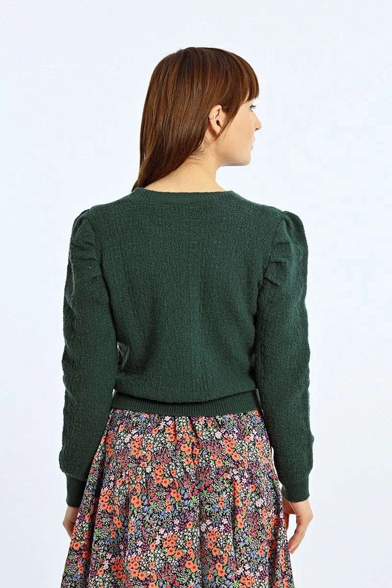 Molly Bracken Structured Puff Sleeve Sweater in dark green-back