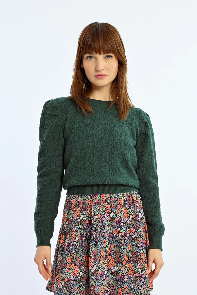 Molly Bracken Structured Puff Sleeve Sweater in dark green-front