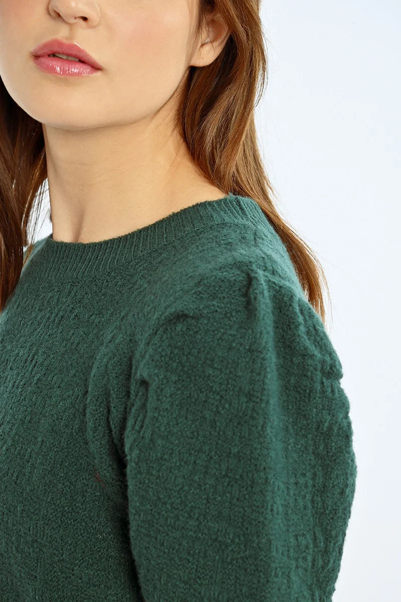 Molly Bracken Structured Puff Sleeve Sweater in dark green-sleeve detail