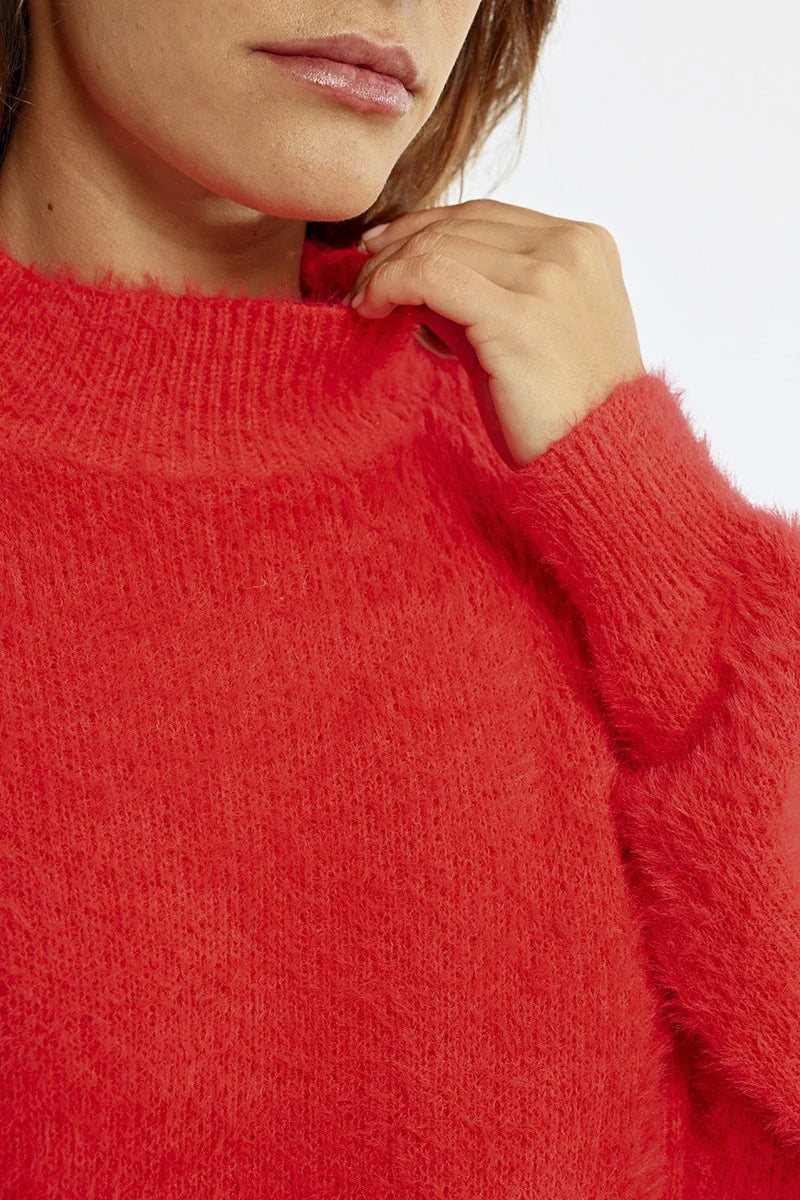 Molly Bracken Textured Crew Neck Sweater in red-front detail