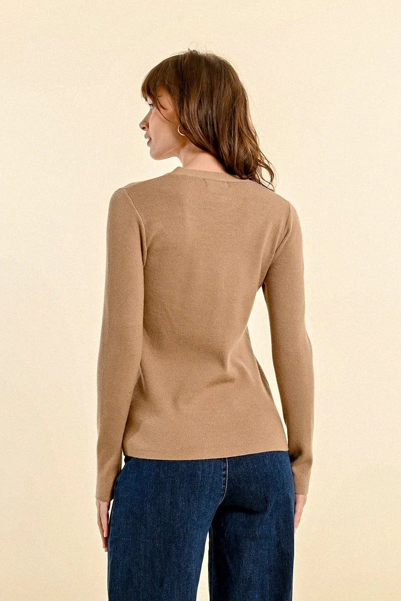 molly bracken twisted neckline sweater in beige-back