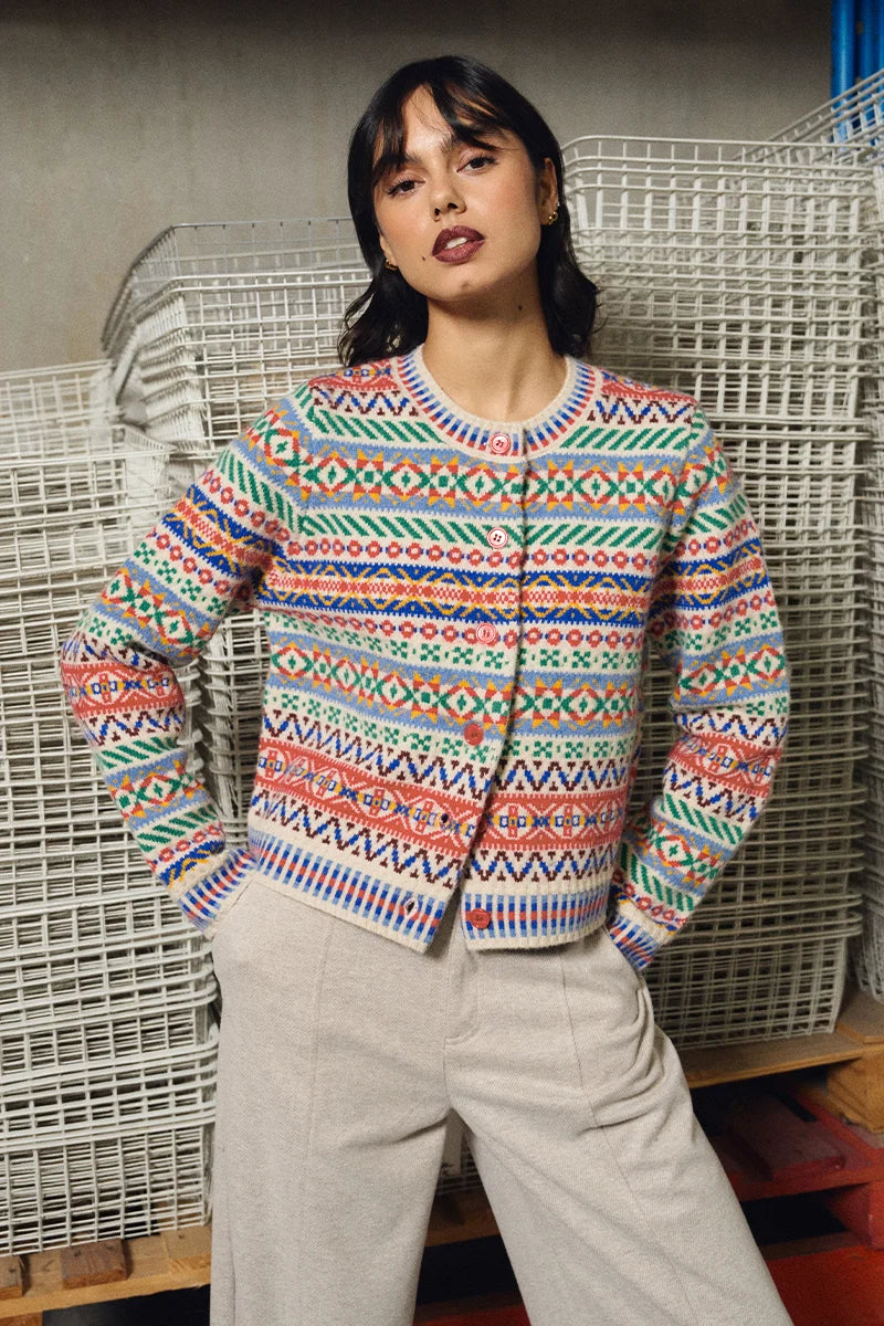 Molly Bracken Tybetan Pattern Cardigan off white multi color