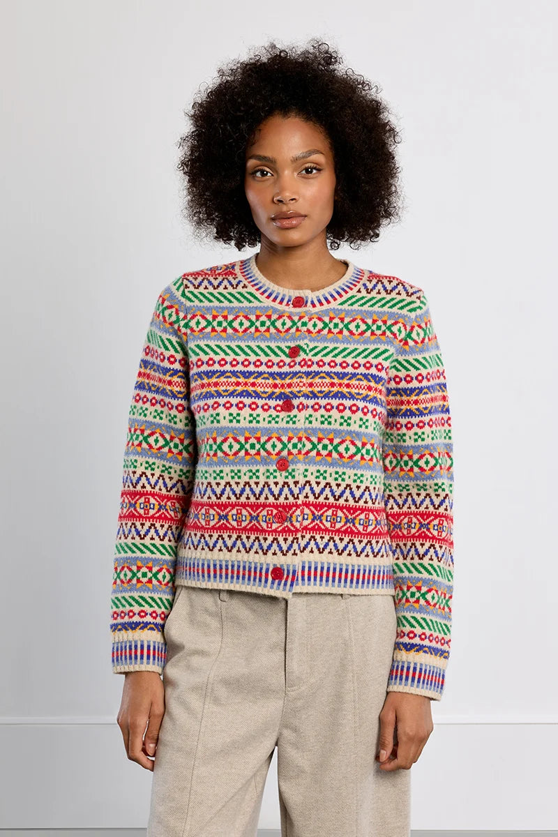 Molly Bracken Tybetan Pattern Cardigan off white multi color