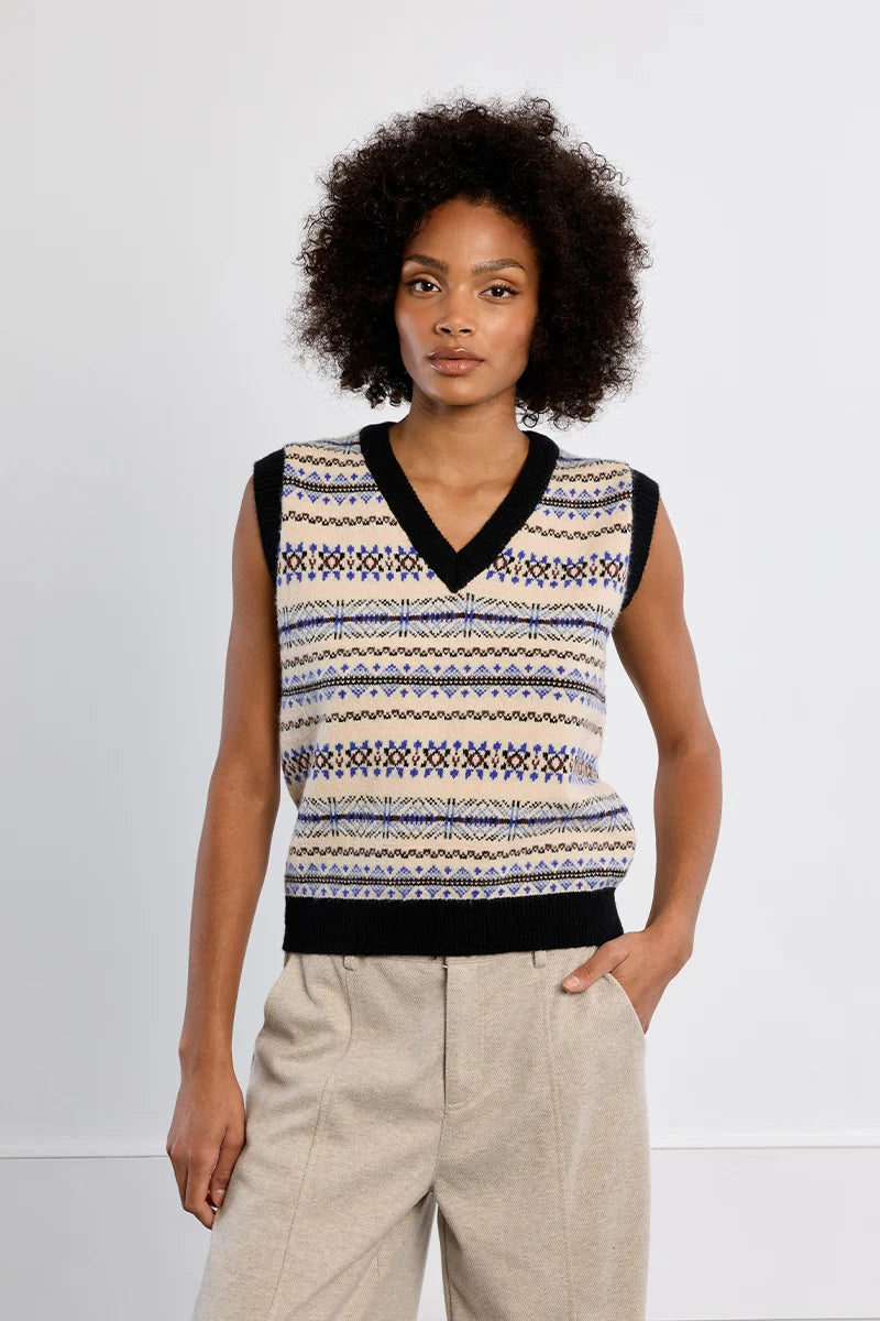 Molly Bracken V-Neck Tybetan Sweater off white blue 