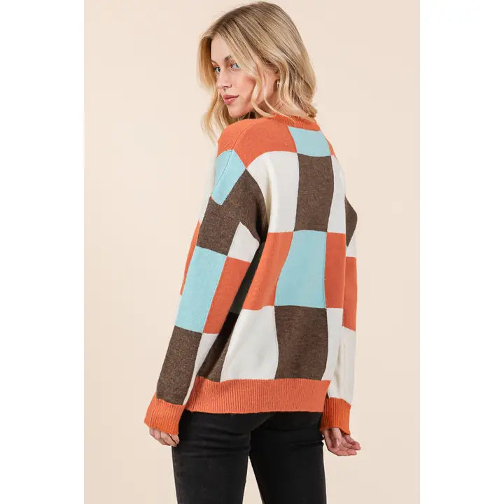 Multi Checker Sweater in brown combo-back