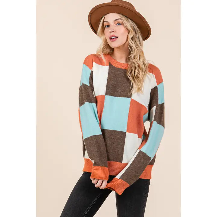 Multi Checker Sweater in brown combo-side