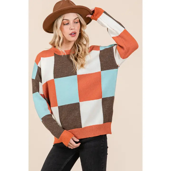 Multi Checker Sweater in brown combo-front