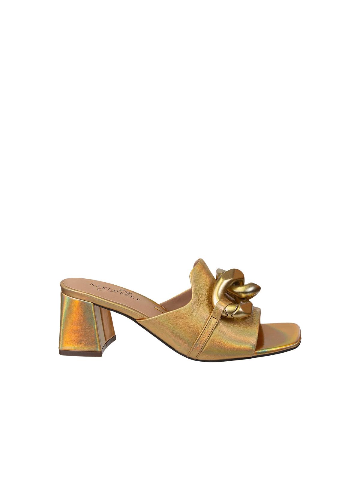 naked feet coterie heeled sandals in gold