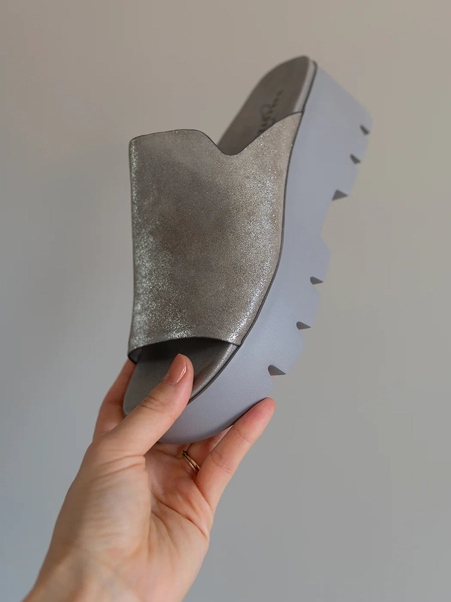 naked feet drift platform sandal in silver-single shoe view