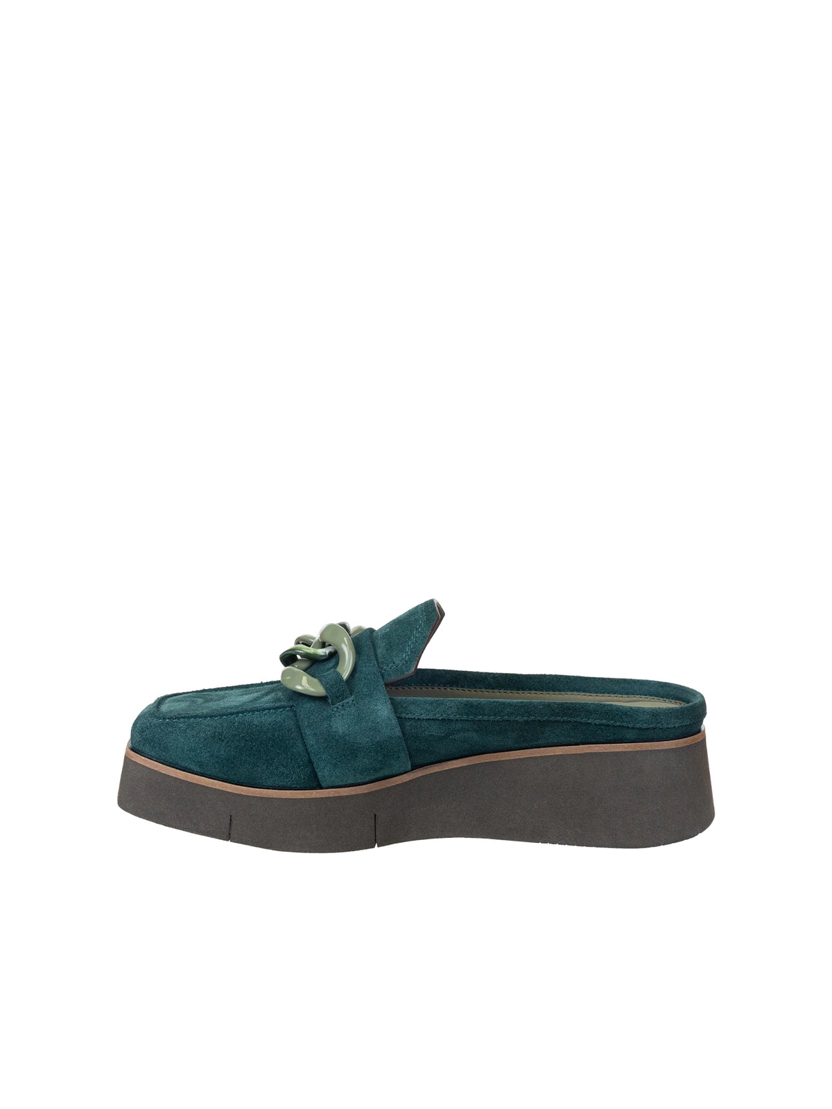 naked feet elect platform mules in emerald green suede