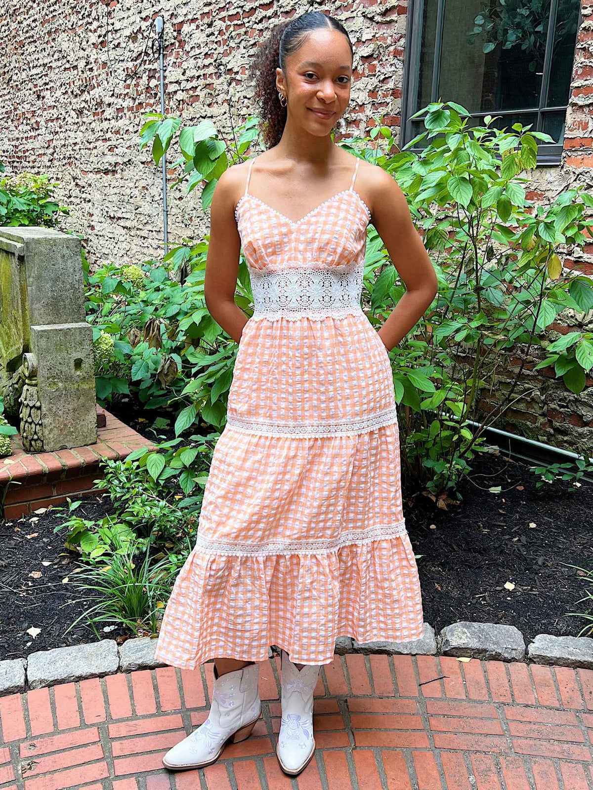 Neyland Gingham Lace Dress Apricot