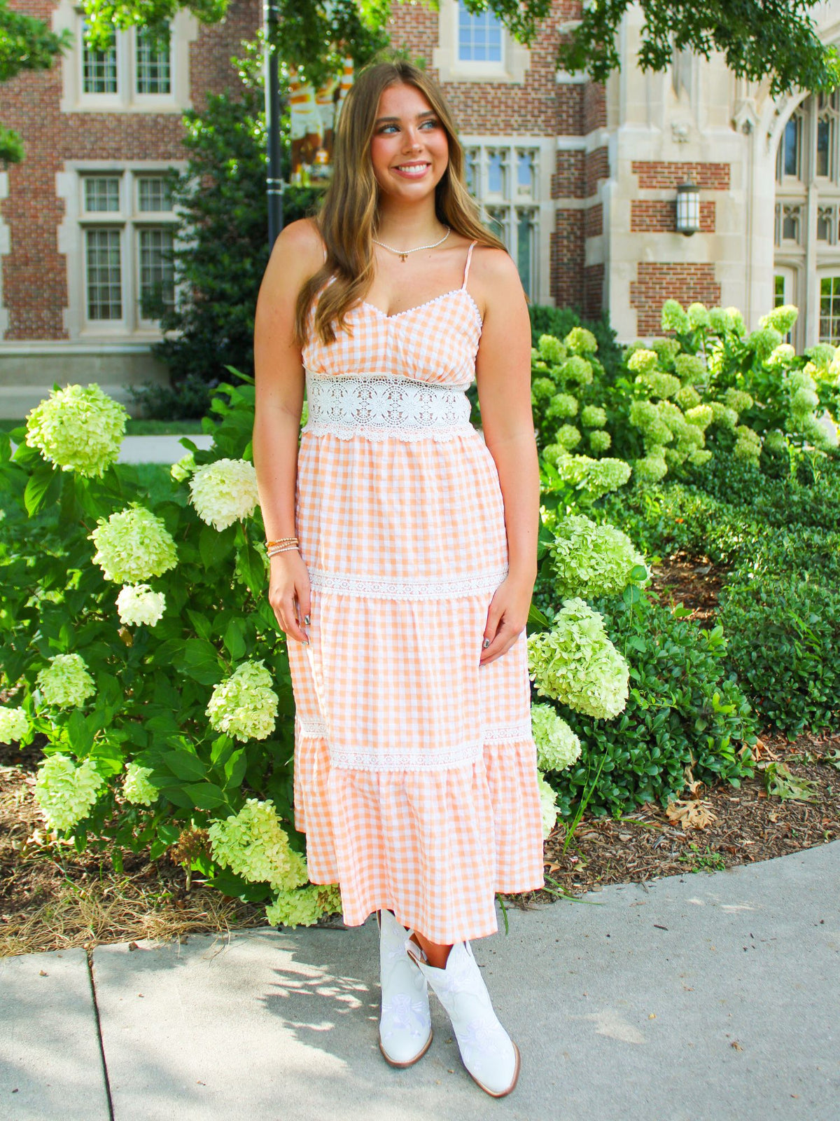 Neyland Gingham Lace Dress orange and white