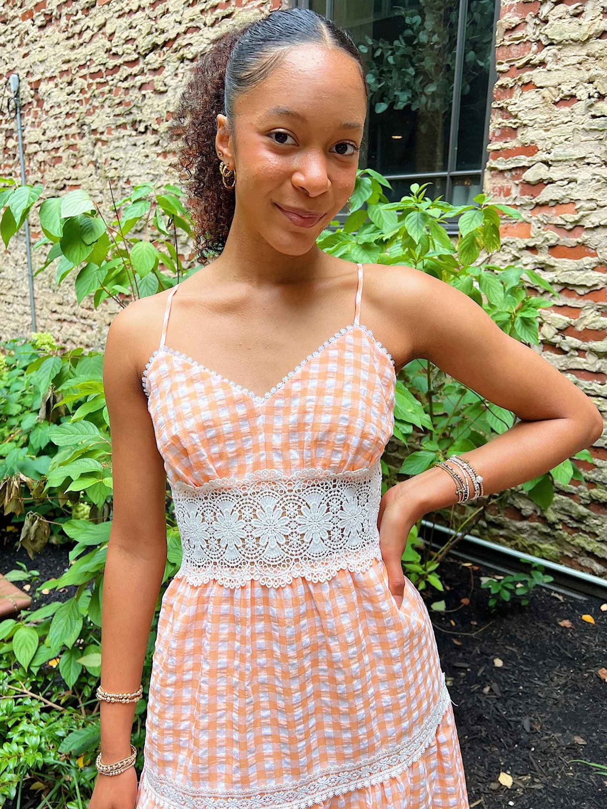 Neyland Gingham Lace Dress Apricot