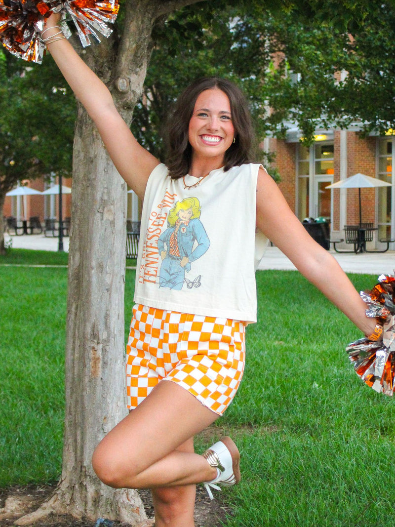 Neyland Ready Checkerboard Denim Shorts orange white