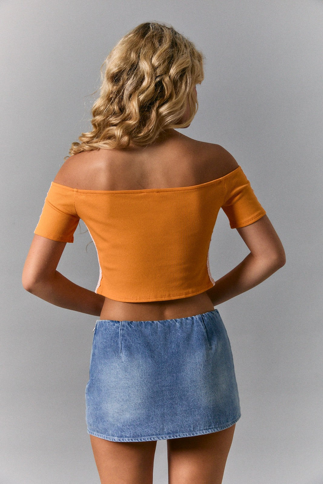 Volunteer Spirit off shoulder Lace Trim Crop Top in orange 