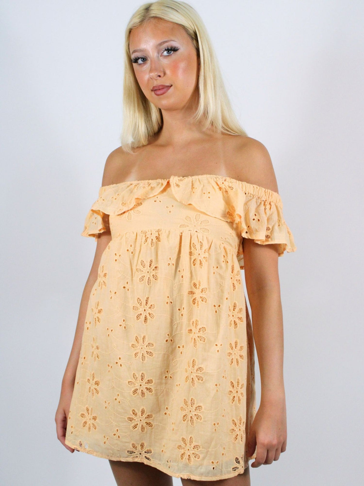 Off Shoulder Eyelet Ruffle Mini Dress