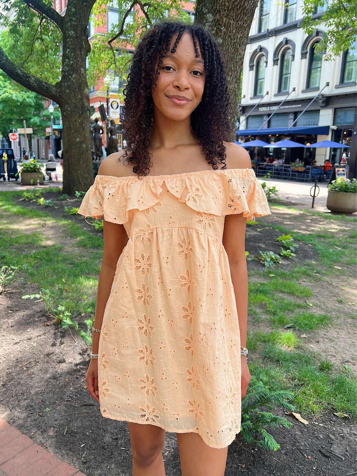 Off Shoulder Eyelet Ruffle Mini Dress