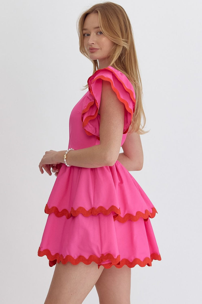 one shoulder dress with ric rack detail in pink-side view