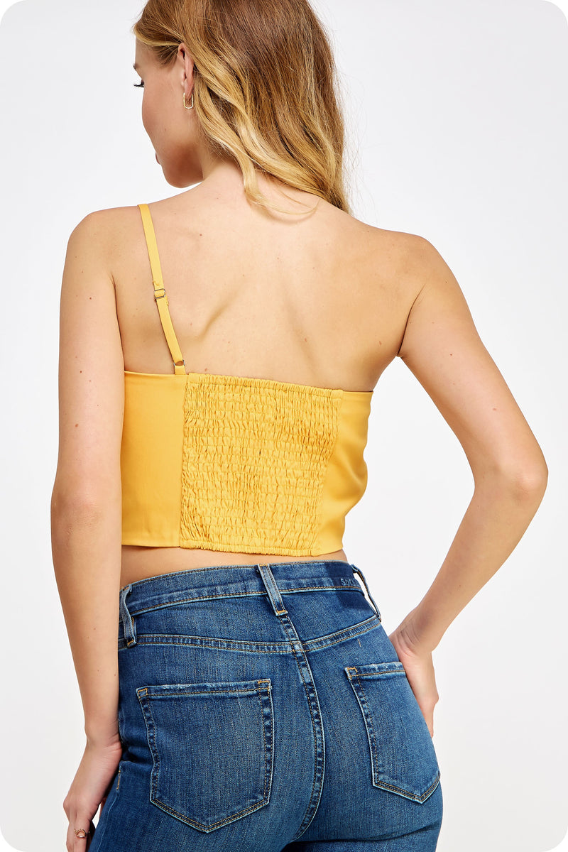 one shoulder knotted flower bow crop top in tangerine-back 