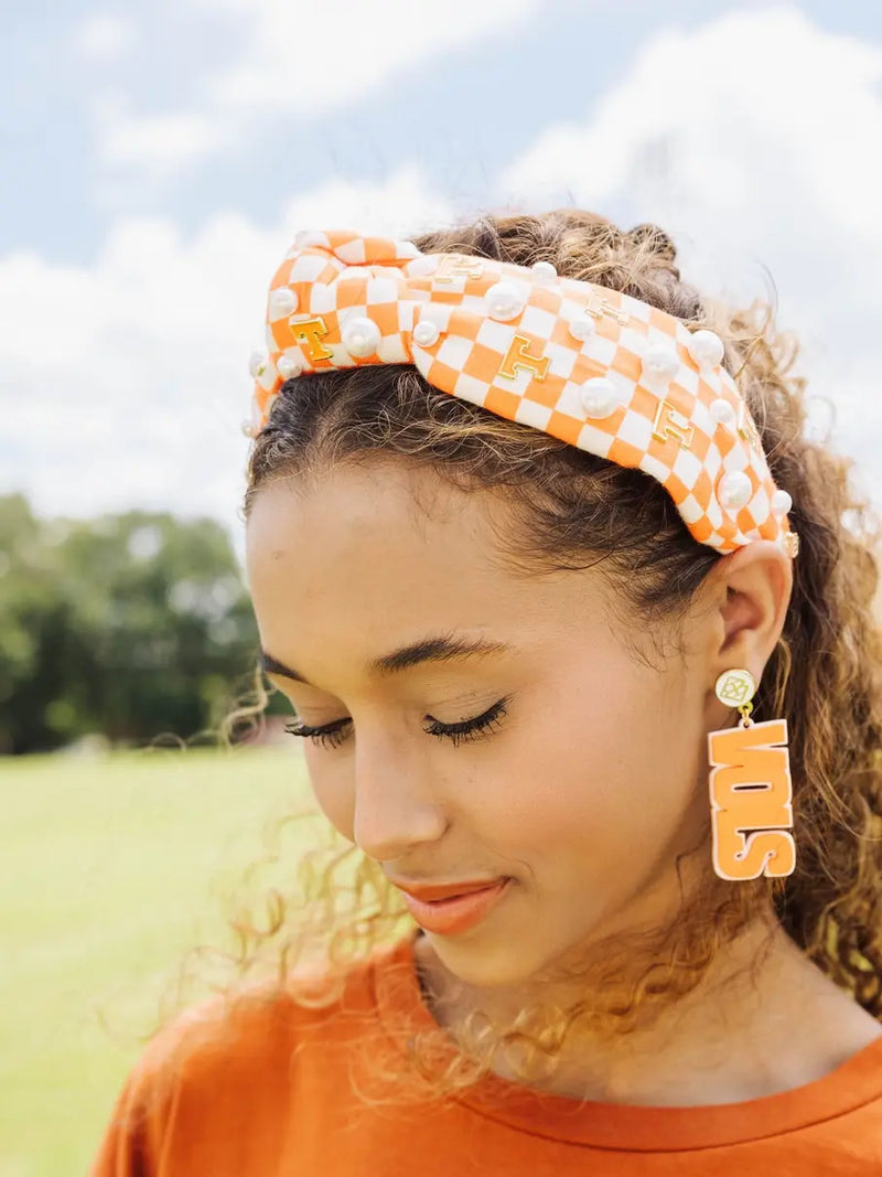 brianna cannon orange and white checkered gameday university of tennessee logo headband