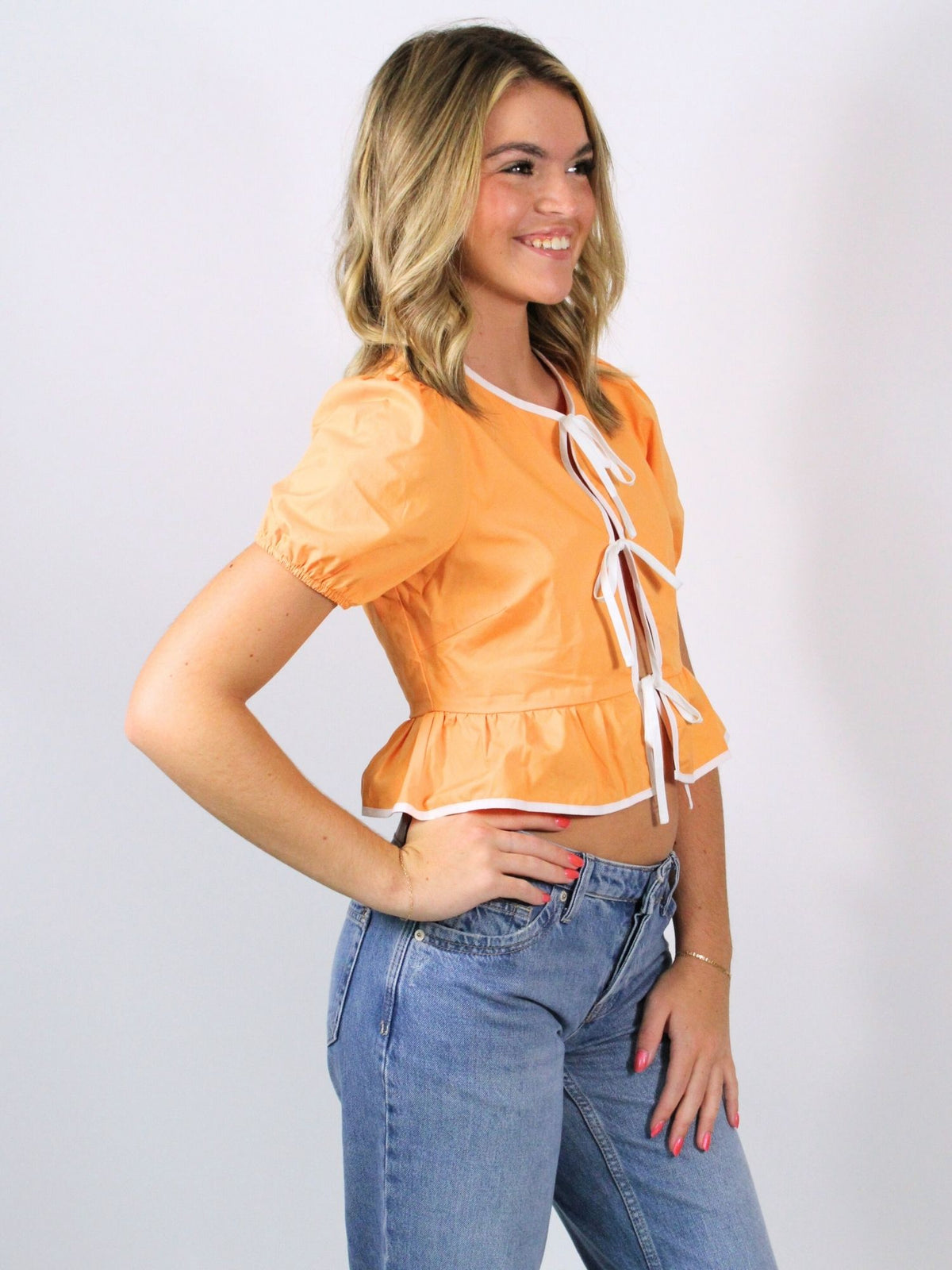 orange and white puff sleeve contrast blouse 