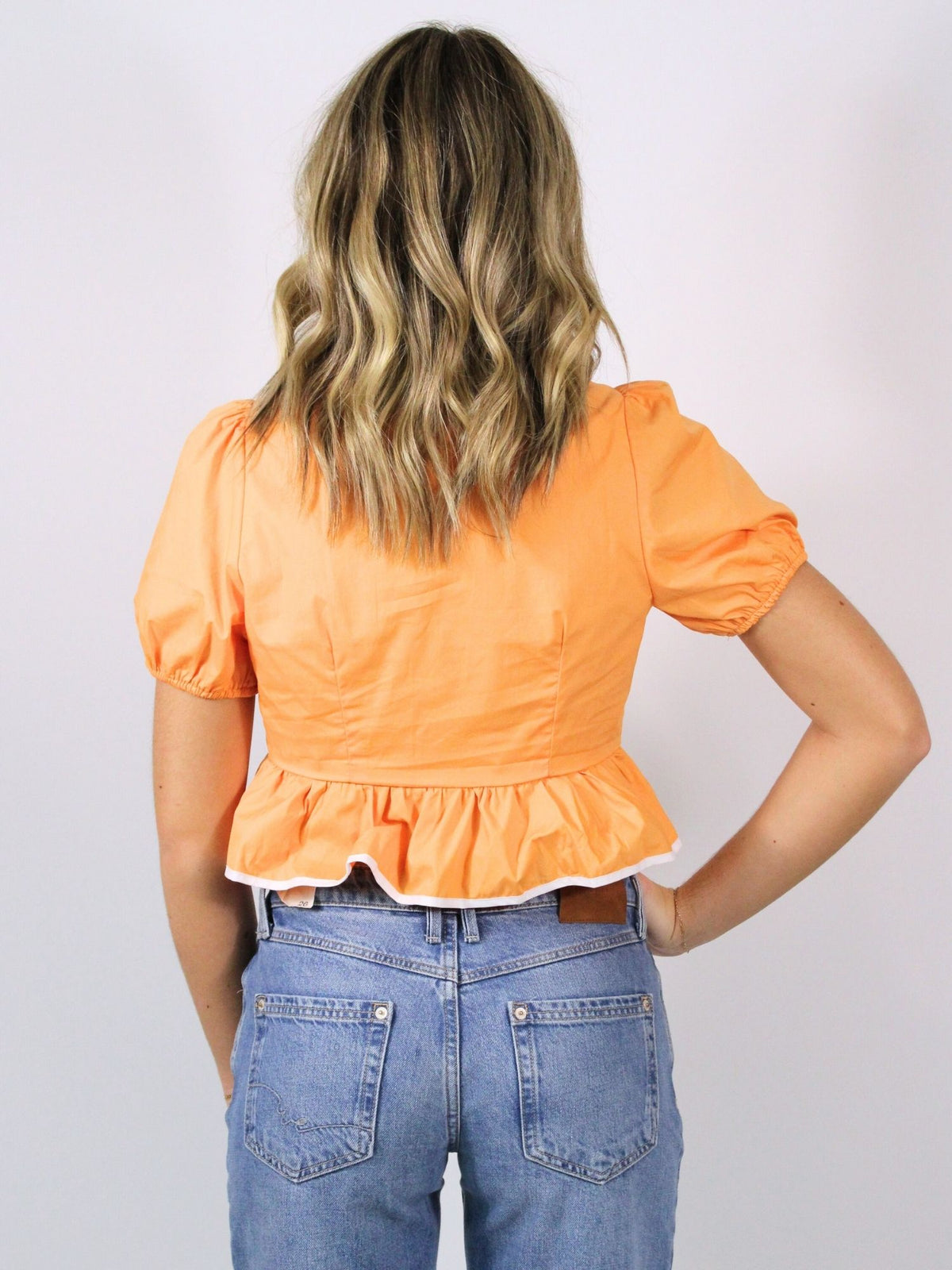 orange and white puff sleeve contrast blouse 