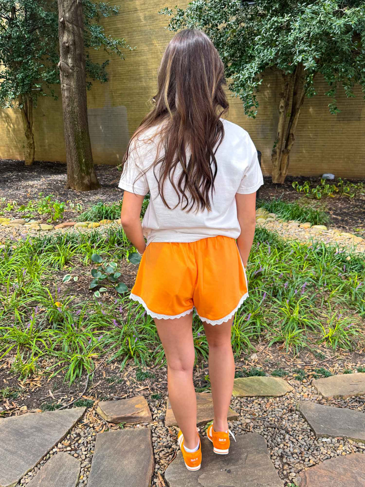 Orange Lace Trim French Terry Shorts