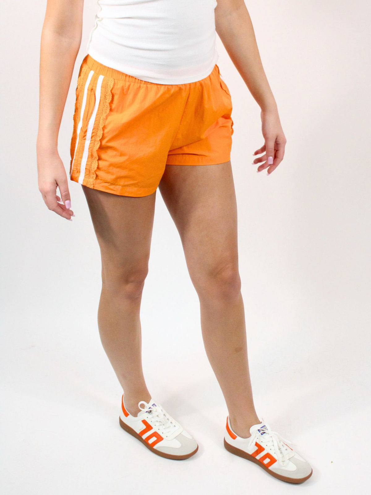 Side Lace Trim Game Day Shorts Orange White