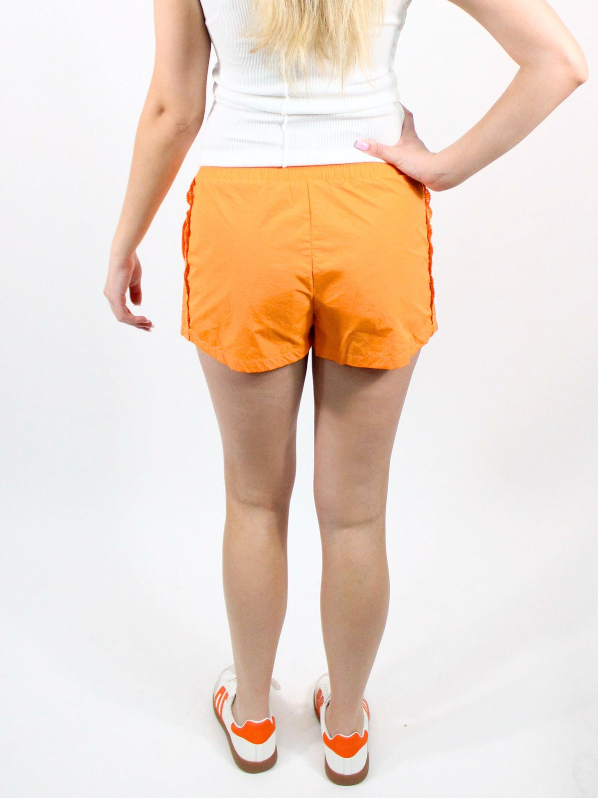 Side Lace Trim Game Day Shorts Orange White